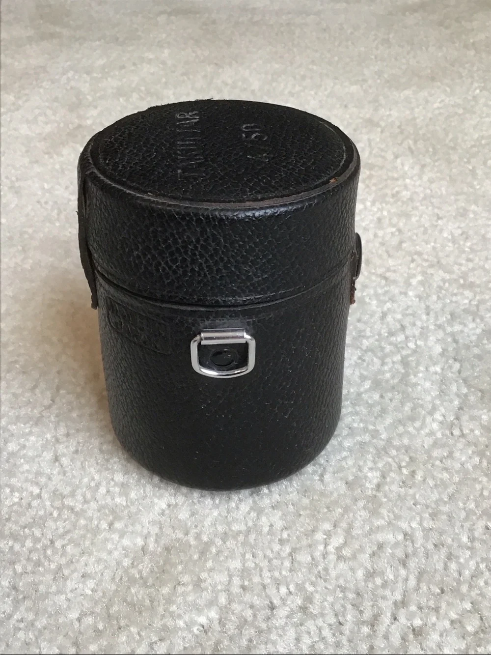 Vintage Takumar Black Textured Leather Lens Case, 3 1/2” tall x 2 3/4” wide